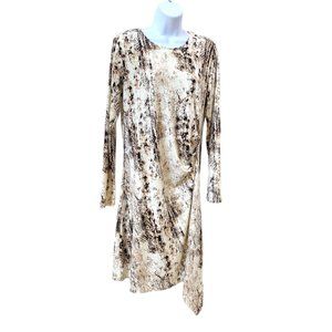 Halston Tan Brown Cream Snake Print Long Sleeve Scoop Neck Dress Sz S #03